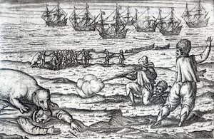 ホッキョクグマに襲わ船員、イラストDiarium Nauticum、またはゲリット・デ・ビアーによって見事3回の航海...」の真の記述、1598（彫刻） 作： Dutch School